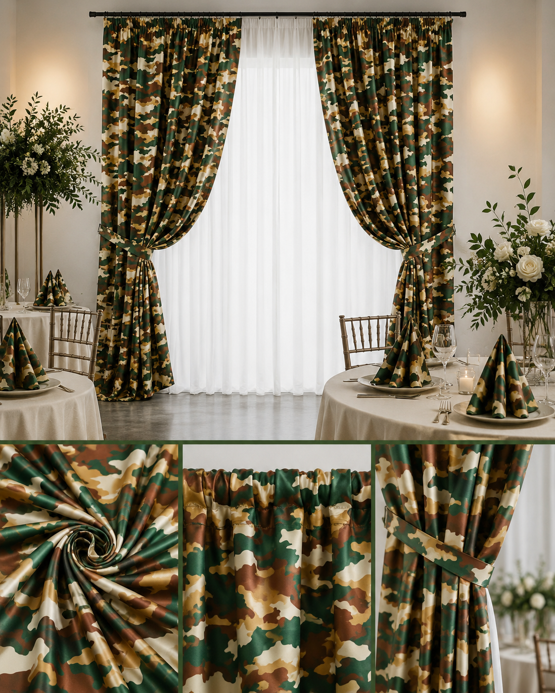 Army Camouflage Charmeuse Satin Event Drapery Panels Custom Made