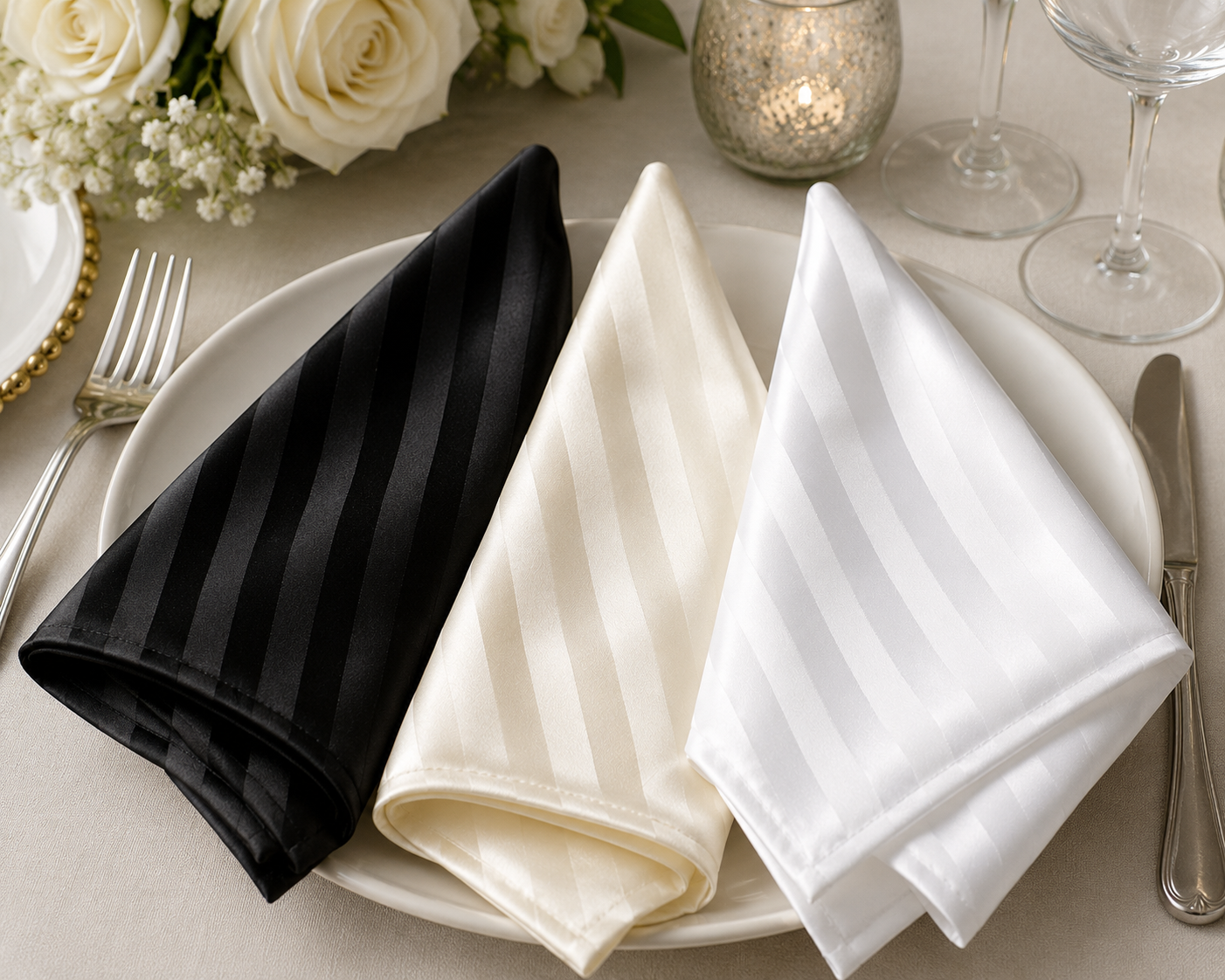 Bridal Satin 1" Tuxedo Stripe Napkins  in White, Ivory and Black