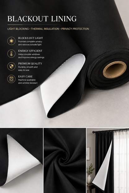 Blackout Curtain Lining Fabric Sun Resistant White & Black by the Yard Bolt / Black