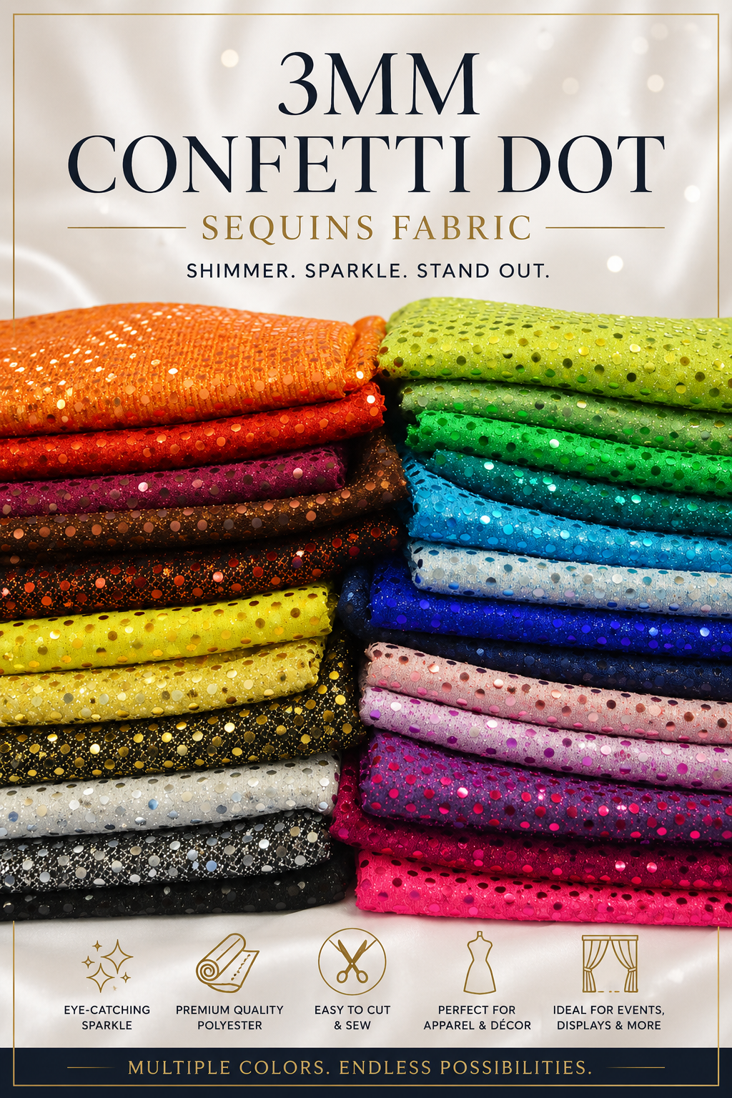 A promotional graphic for 3mm confetti dot sequin fabric, showing multiple folded stacks of colorful fabrics in orange, red, brown, yellow, green, blue, purple, pink, black, and white. The top text reads '3MM CONFETTI DOT' and 'SEQUINS FABRIC' with the tagline 'SHIMMER.