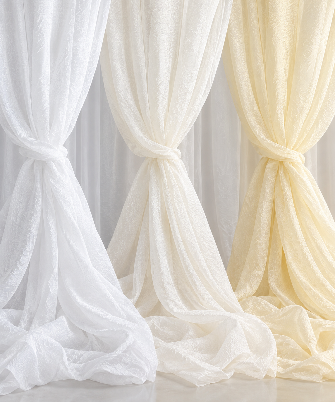 IFR Crush Sheer Voile Event Drapery Panels 108" Wide White, Ivory & Butter