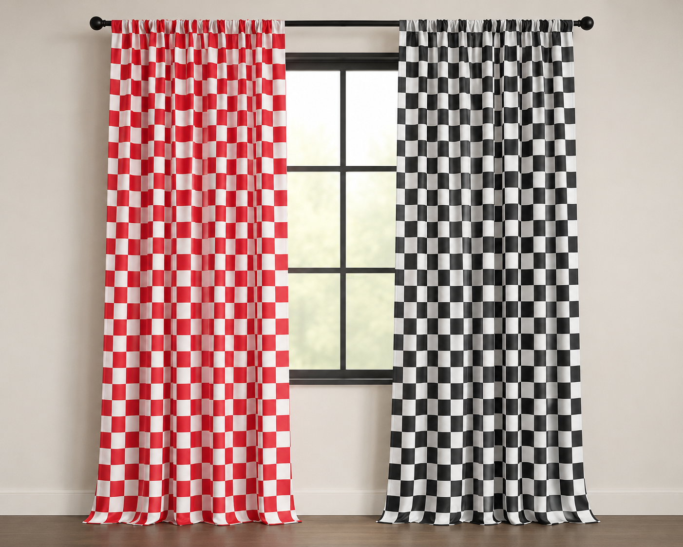 Two checkered curtain panels hanging on a black rod in front of a window. The left panel is red and white checkered, and the right panel is black and white checkered.