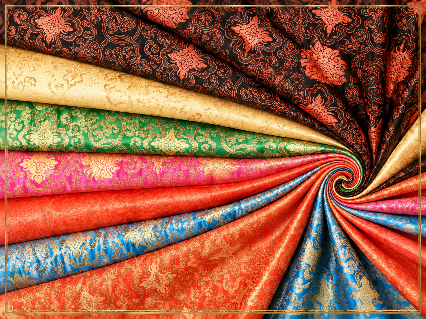 A collection of richly colored brocade fabrics arranged in a spiral fan, showcasing vibrant shades of red, blue, pink, green, gold, and brown with intricate metallic floral patterns.