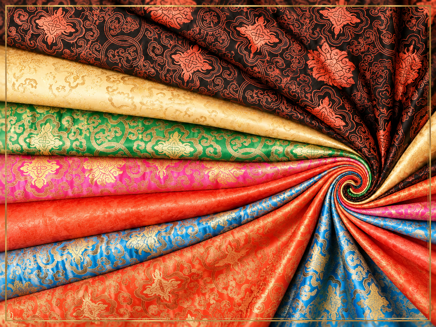 A collection of richly colored brocade fabrics arranged in a spiral fan, showcasing vibrant shades of red, blue, pink, green, gold, and brown with intricate metallic floral patterns.