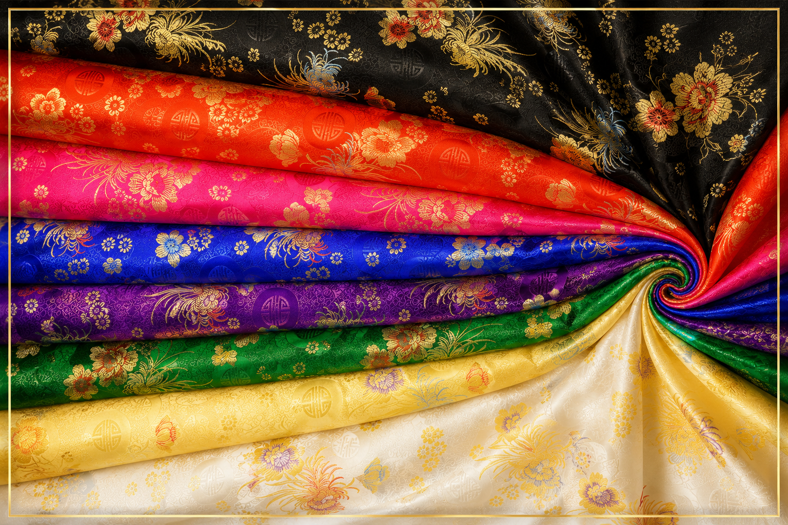 Seven colorful patterned fabrics arranged in a fan-like drape, showing a rich spectrum of colors including cream, yellow, green, purple, blue, pink, red, orange, and black, all with elegant floral and gold brocade patterns.