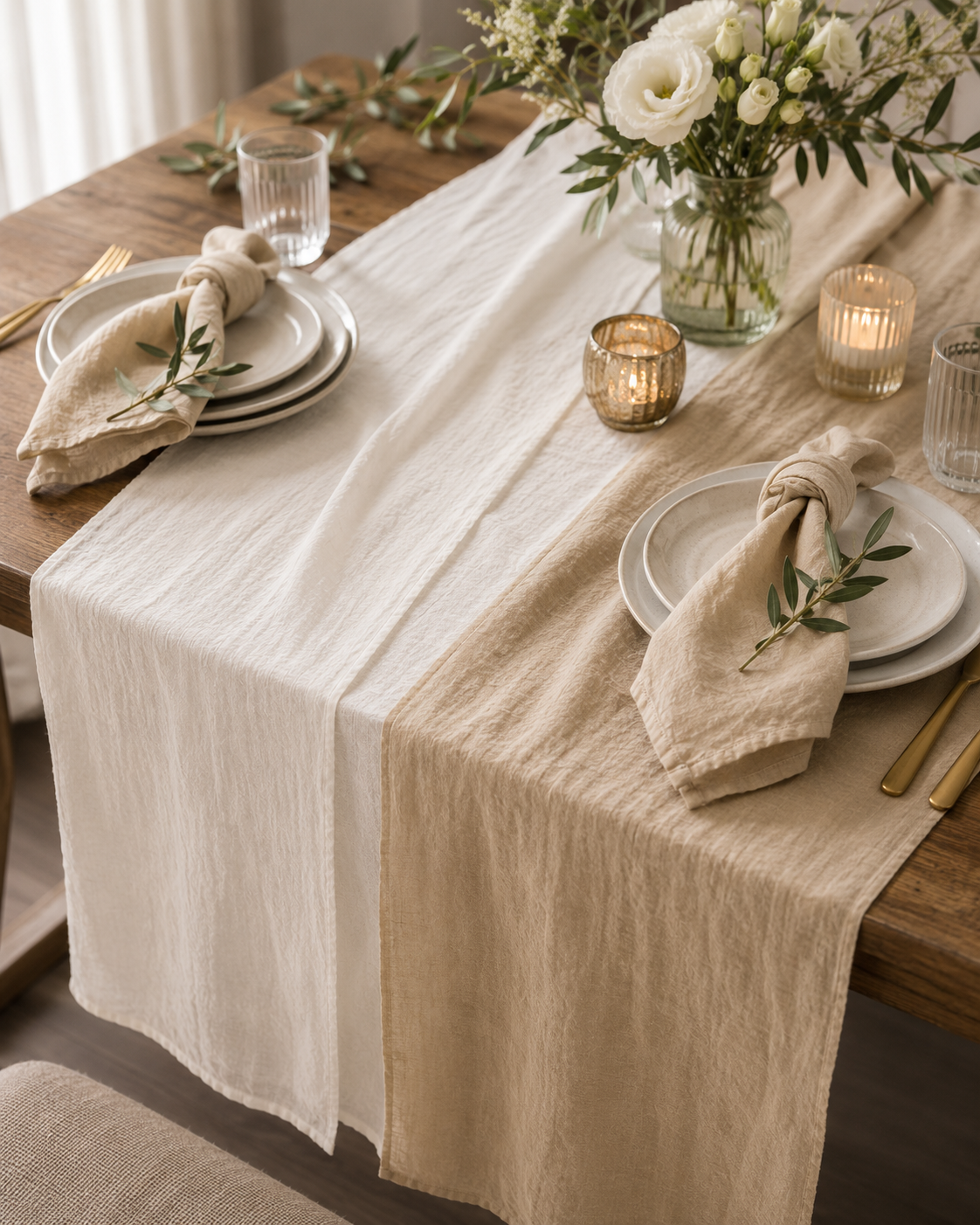 A cream-colored crinkled cotton table runner draped over a wooden dining table, styled with white plates, linen napkins, green sprigs, and floral arrangements.