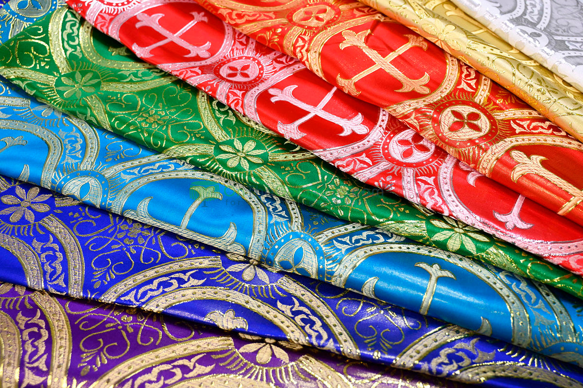 Circular Cross Liturgical Brocade | 60” Wide | Elegant Liturgical Fabric with Woven Cross Motif | Ideal for Church Vestments & Decor