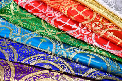 Circular Cross Liturgical Brocade | 60” Wide | Elegant Liturgical Fabric with Woven Cross Motif | Ideal for Church Vestments & Decor