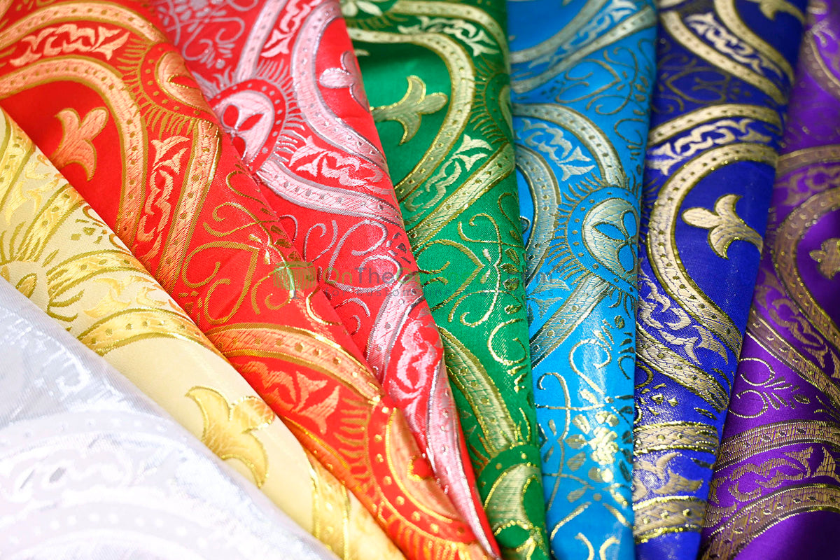 Circular Cross Liturgical Brocade | 60” Wide | Elegant Liturgical Fabric with Woven Cross Motif | Ideal for Church Vestments & Decor