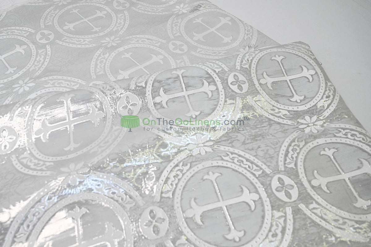 Circular Cross Liturgical Brocade | 60” Wide | Elegant Liturgical Fabric with Woven Cross Motif | Ideal for Church Vestments & Decor