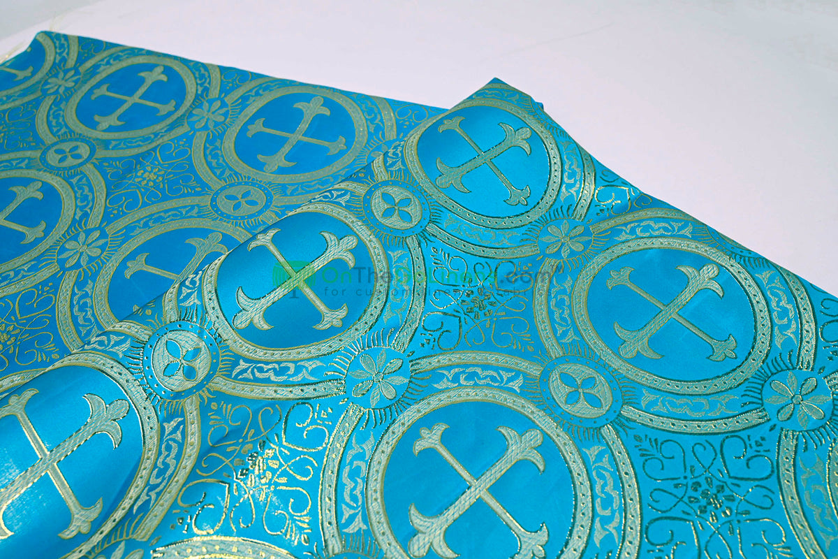 Circular Cross Liturgical Brocade | 60” Wide | Elegant Liturgical Fabric with Woven Cross Motif | Ideal for Church Vestments & Decor