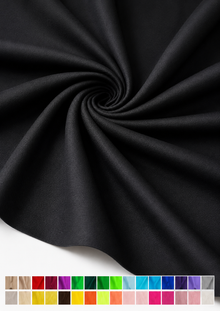 Black fabric draped in a spiral pattern, with a color swatch grid at the bottom showing various color options.