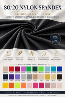 Promotional graphic for 80/20 nylon spandex fabric, featuring a large draped black fabric swatch, product text at the top, feature icons below, and a color chart of many fabric swatches at the bottom.