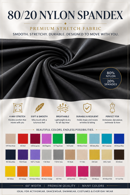 Promotional graphic for 80/20 nylon spandex fabric, featuring a large draped black fabric swatch, product text at the top, feature icons below, and a color chart of many fabric swatches at the bottom.