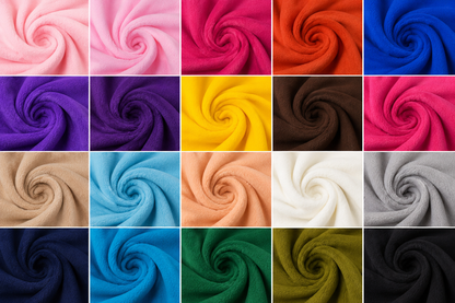 A 4x4 grid showing 16 different fabric color options, each displayed as a swirled, textured swatch. The colors include various shades of pink, purple, yellow, brown, blue, beige, peach, white, gray, green, and black.