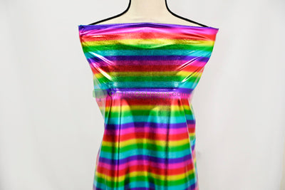 Rainbow Metallic Foil Spandex Lame | Rainbow Stretch Metallic Lame | All Over Multi Color Foil on Stretch Burgundy Knit | 60" Wide