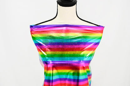Rainbow Metallic Foil Spandex Lame | Rainbow Stretch Metallic Lame | All Over Multi Color Foil on Stretch Burgundy Knit | 60" Wide