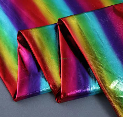 Rainbow Metallic Foil Spandex Lame | Rainbow Stretch Metallic Lame | All Over Multi Color Foil on Stretch Burgundy Knit | 60" Wide
