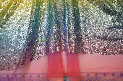 Rainbow Sequins Fabric | Multi Color Sequins Rainbow on Mesh Fabric | Mermaid Mesh Sequins Fabric | Ombre Sequins Fabric by the Yard |