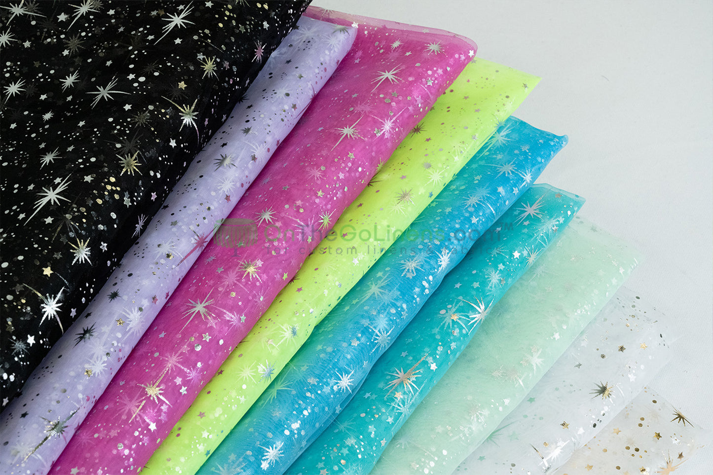 Star Foil Organza Fabric by the Yard | Metallic Star Print on Organza Fabric | 60" Wide | Multiple Colors |