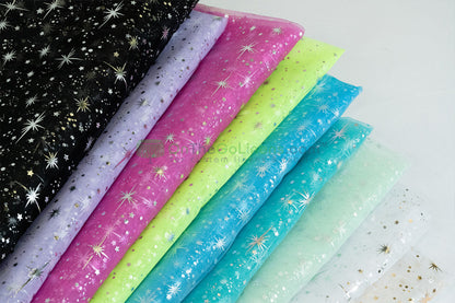 Star Foil Organza Fabric by the Yard | Metallic Star Print on Organza Fabric | 60" Wide | Multiple Colors |