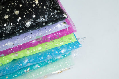Star Foil Organza Fabric by the Yard | Metallic Star Print on Organza Fabric | 60" Wide | Multiple Colors |