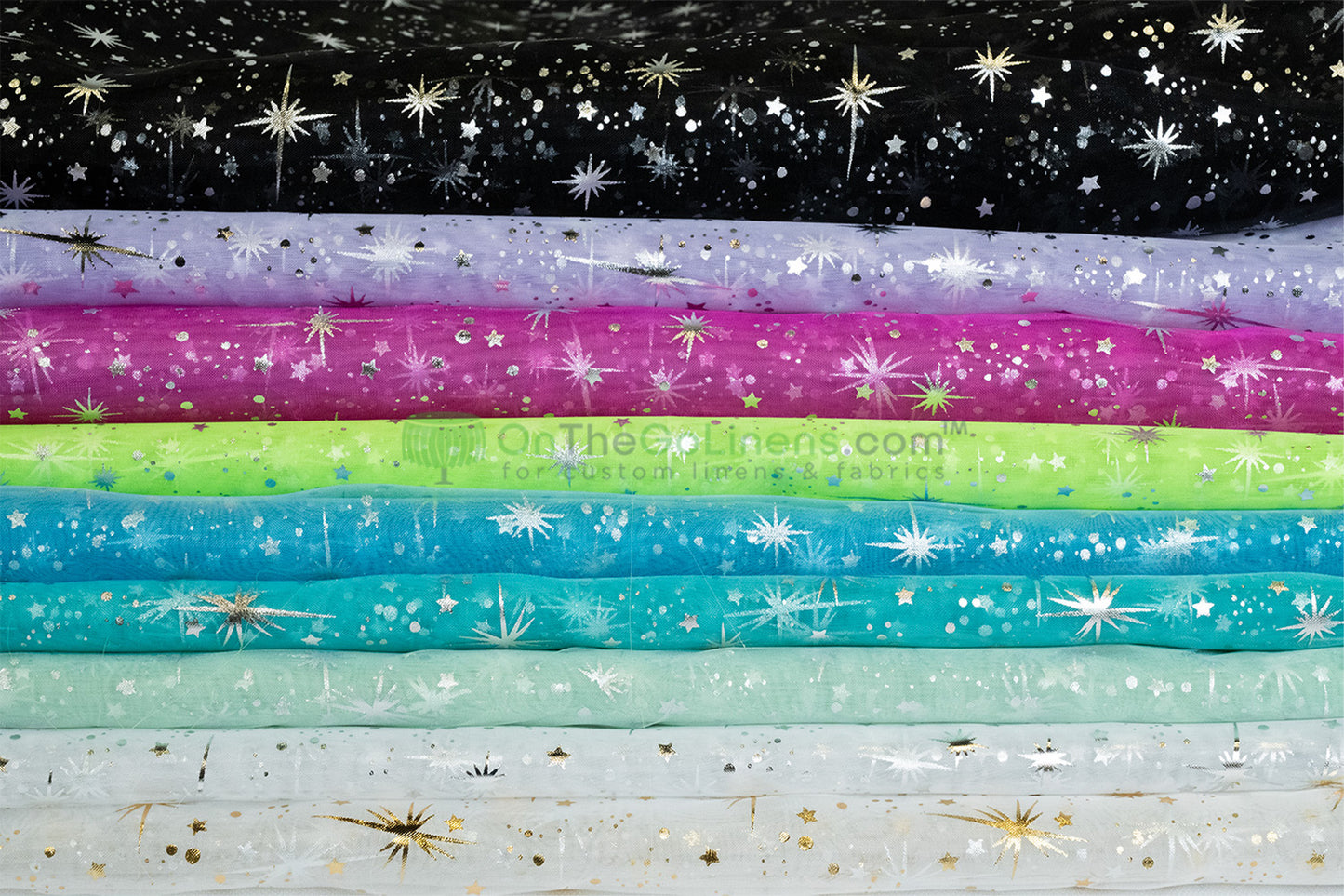 Star Foil Organza Fabric by the Yard | Metallic Star Print on Organza Fabric | 60" Wide | Multiple Colors |