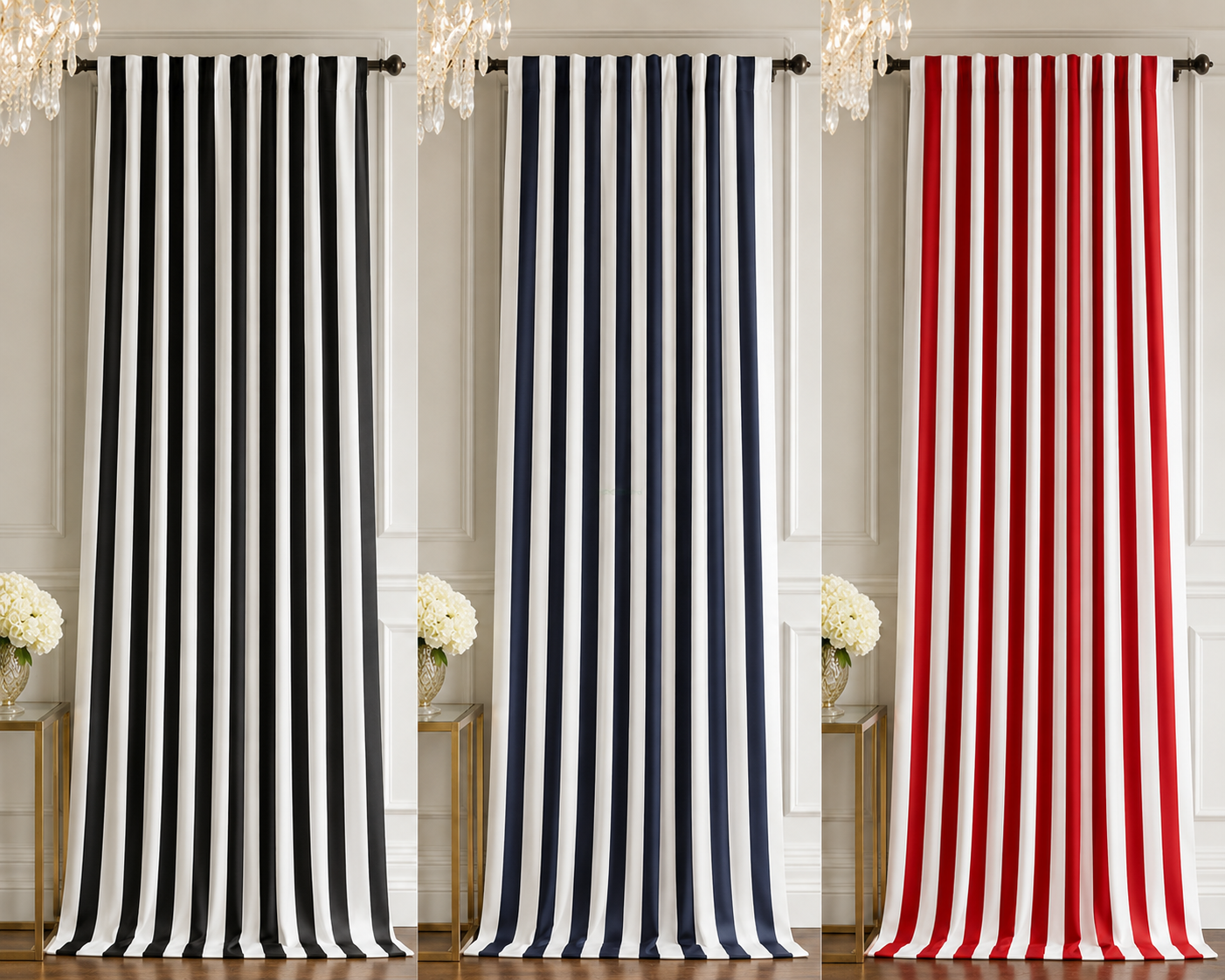 Three curtain panels with vertical stripes are displayed side by side in an interior room setting. The left panel is black and white, the middle panel is navy and white, and the right panel is red and white.