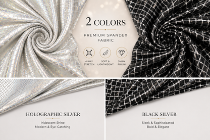 A fabric color and material comparison graphic showing two swatches of premium spandex fabric: a swirling holographic silver on the top left and a black-and-white grid pattern on the top right. Below, two labeled panels describe the options as 'Holographic Silver' and 'Black Silver' with brief feature callouts above.