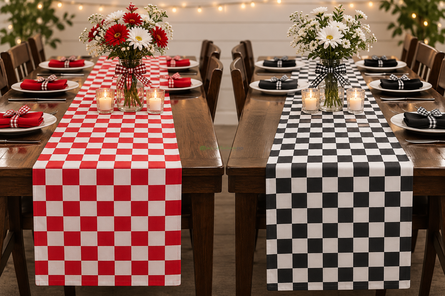 Two long wooden dining tables set for a meal, each with a checkered table runner. The left table has a red and white checkered runner, and the right table has a black and white checkered runner.