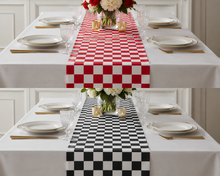 Two views of a checkered table runner shown on a white tablecloth-covered dining table with plates, glasses, and a floral centerpiece. The top view shows a red and white checker pattern, and the bottom view shows a black and white checker pattern.