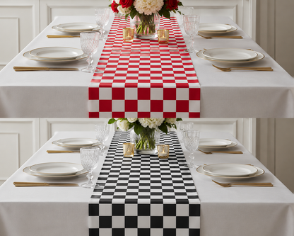 Two views of a checkered table runner shown on a white tablecloth-covered dining table with plates, glasses, and a floral centerpiece. The top view shows a red and white checker pattern, and the bottom view shows a black and white checker pattern.