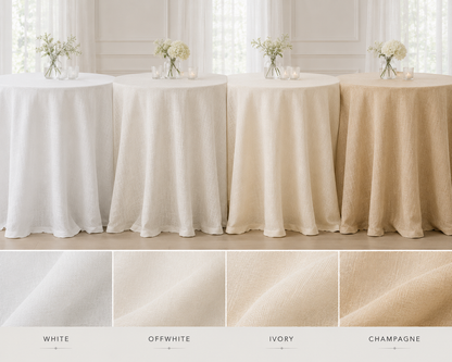 Four round tables draped in white, off-white, ivory, and champagne tablecloths, shown in a bright interior with floral centerpieces. Four fabric swatches at the bottom label the colors: White, Offwhite, Ivory, and Champagne.