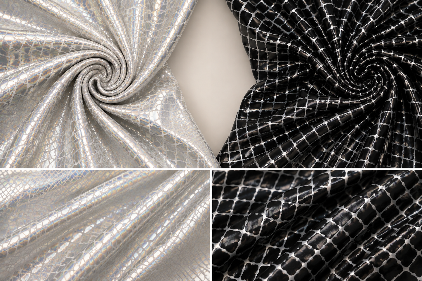 Two fabric swatches shown in a four-panel collage: one iridescent silver fabric with a reptile-like scale pattern and one black fabric with a white grid pattern, both displayed in swirled folds to show texture and sheen.