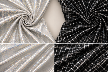 Two fabric swatches shown in a four-panel collage: one iridescent silver fabric with a reptile-like scale pattern and one black fabric with a white grid pattern, both displayed in swirled folds to show texture and sheen.