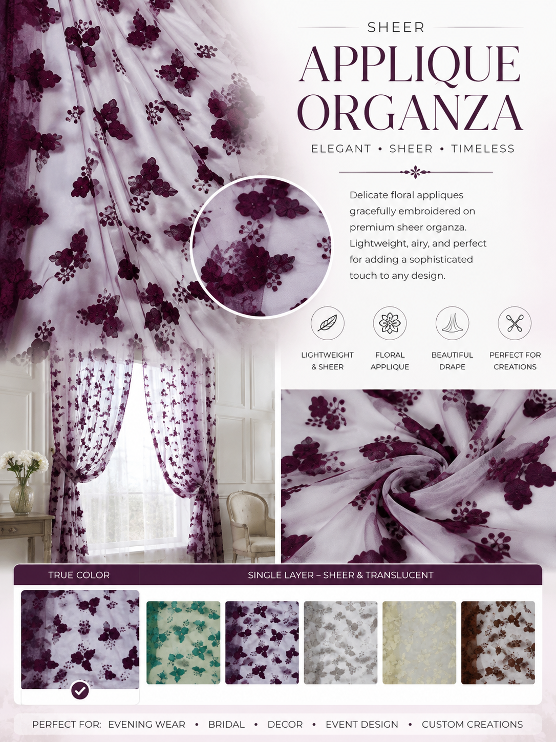 Sheer Organza curtain fabric featuring purple floral applique embroidery, shown in a draped presentation with text details, a circular zoom-in of the fabric texture, and six color options at the bottom.