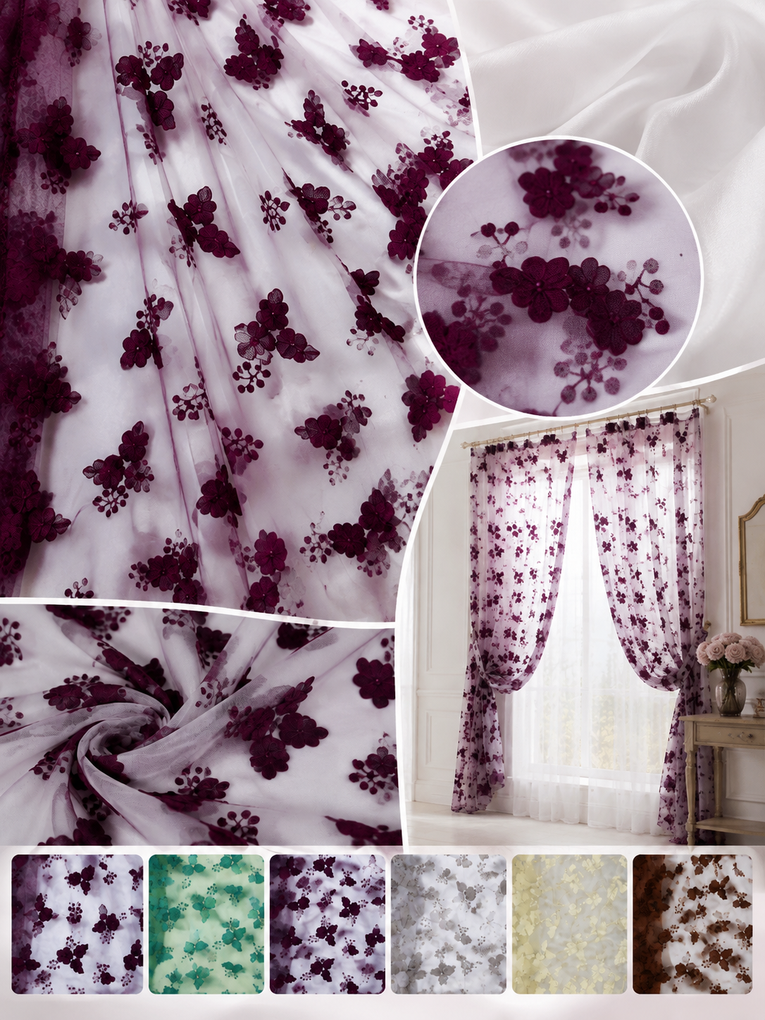 A collage showing sheer white curtains with a dark purple floral pattern, including close-up fabric swatches, a draped curtain panel in a room setting, and six color/style swatches along the bottom.