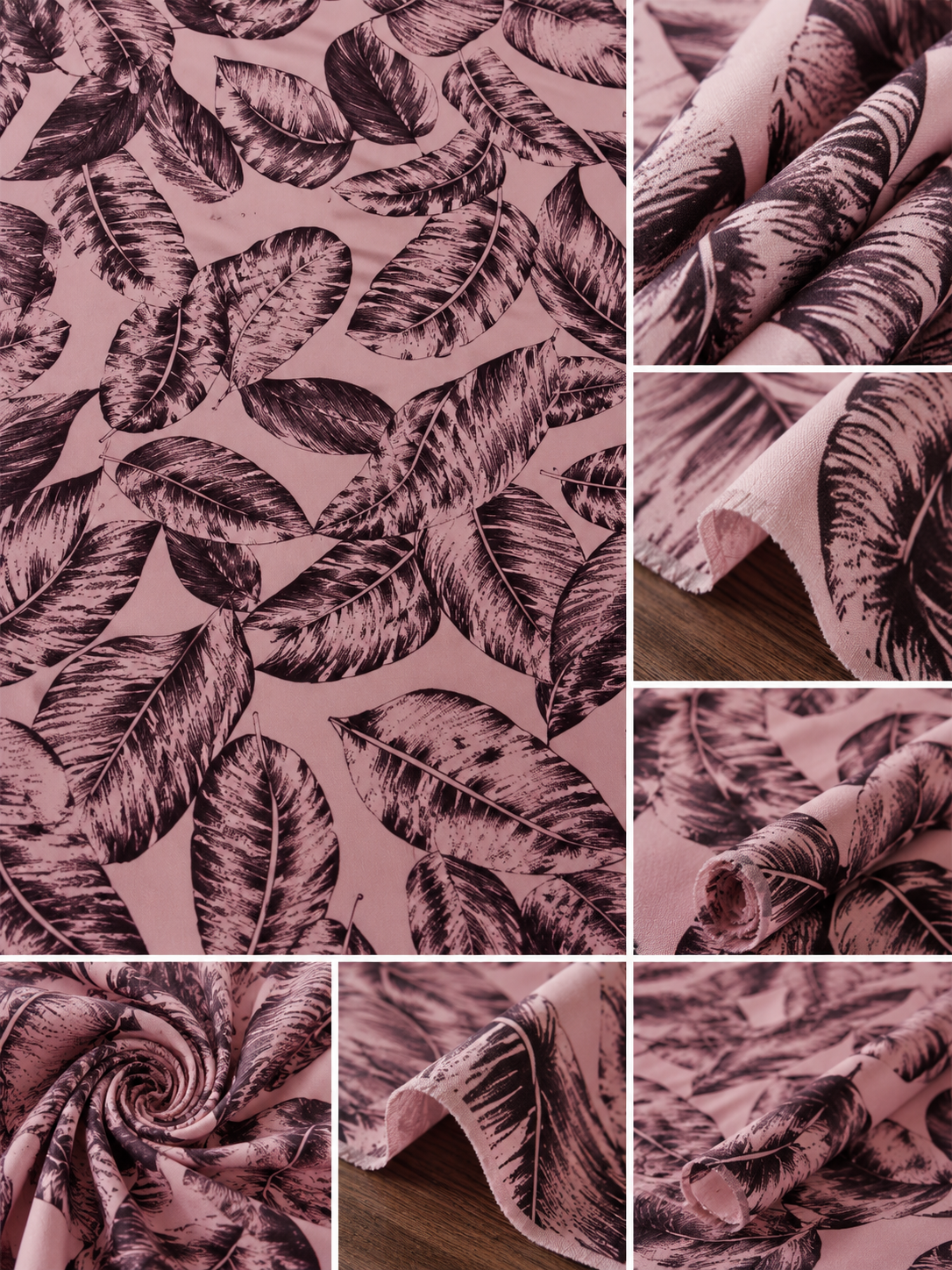 A fabric product collage showing a dusty pink material with a dark brown tropical leaf pattern, presented in a large flat view and several folded detail panels.
