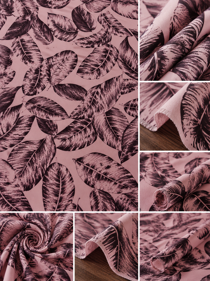 A fabric product collage showing a dusty pink material with a dark brown tropical leaf pattern, presented in a large flat view and several folded detail panels.