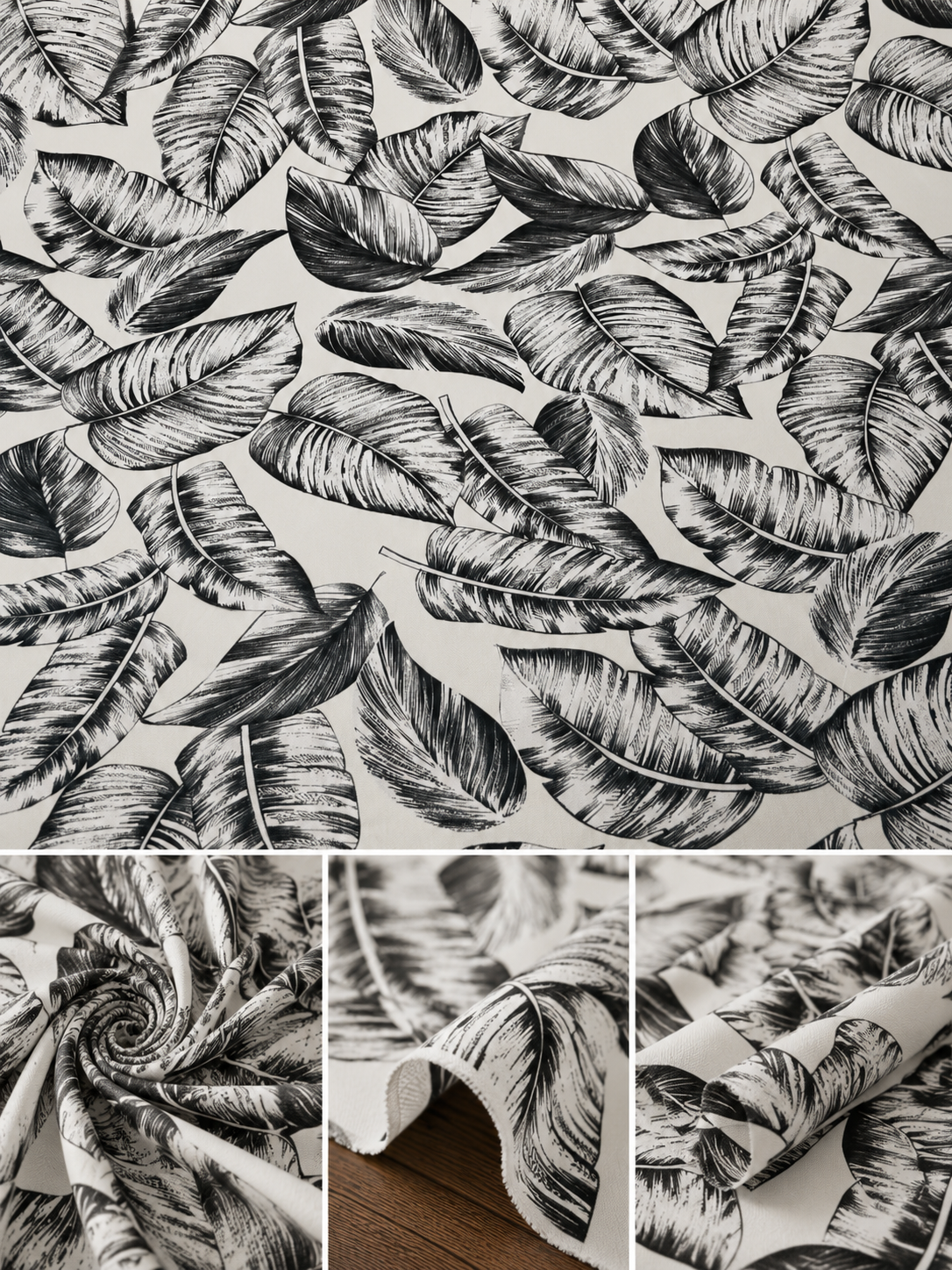 Black and white tropical leaf patterned fabric shown in a top flat view and three bottom detail panels, including a rolled section revealing the white backing and a draped section over a wood surface.
