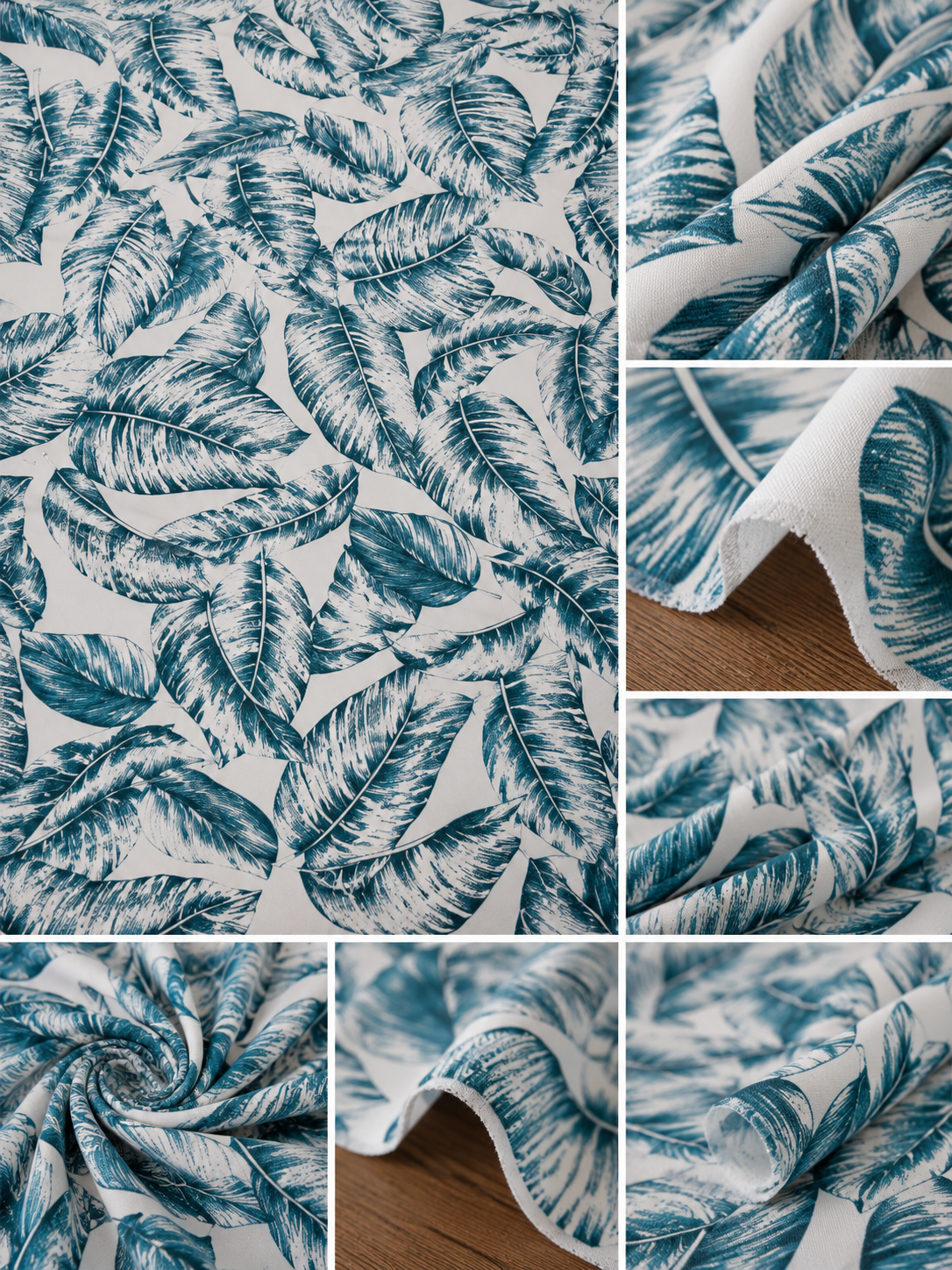 A fabric or wallpaper sample collage showing a repeating tropical leaf pattern in teal-blue and white, with close-up panels demonstrating drape, texture, and edge finish.