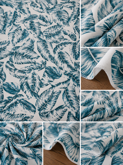 A fabric or wallpaper sample collage showing a repeating tropical leaf pattern in teal-blue and white, with close-up panels demonstrating drape, texture, and edge finish.