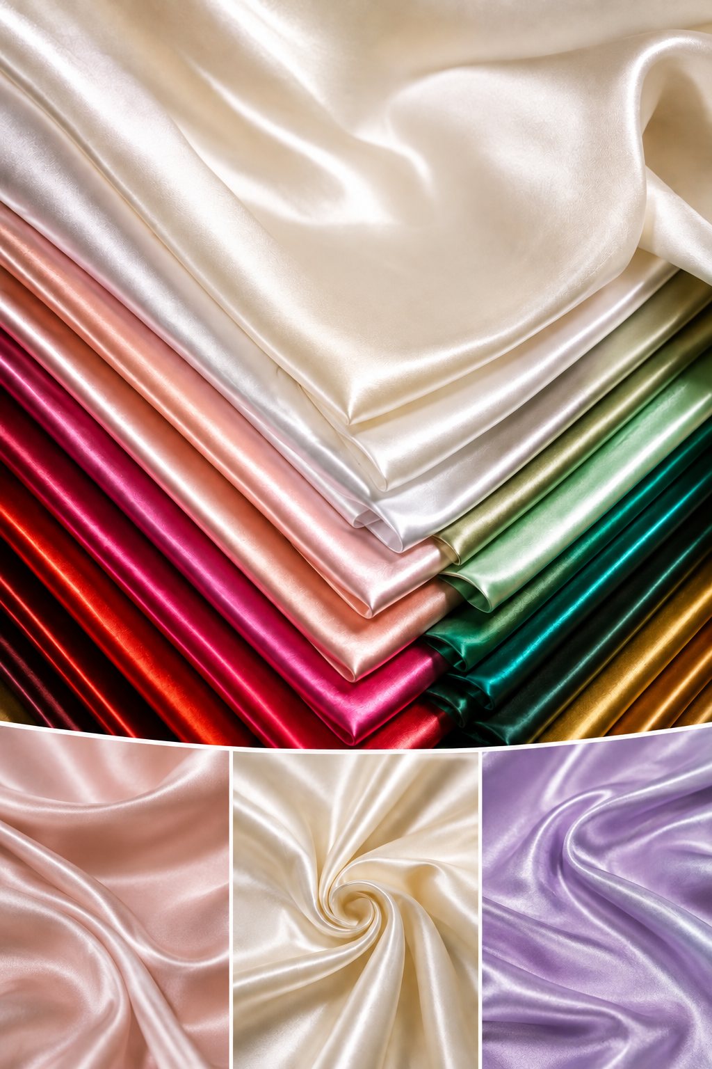 A collage of satin-like fabric swatches in multiple colors, including cream, blush, red, pink, green, gold, peach, cream, and lavender, arranged to show the material's shiny, flowing texture.