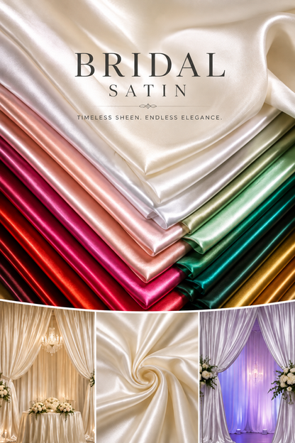 A promotional collage for bridal satin fabric, showing multiple satin sheets in white, champagne, pink, red, green, teal, and gold, with draped satin curtains and table settings in smaller panels below. Large text at the top reads 'BRIDAL SATIN' with smaller text 'TIMELESS SHEEN.