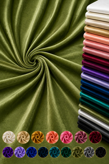 Olive green velvet fabric draped in a spiral pattern, with a stack of folded fabric samples in multiple colors on the right and circular color swatches along the bottom.