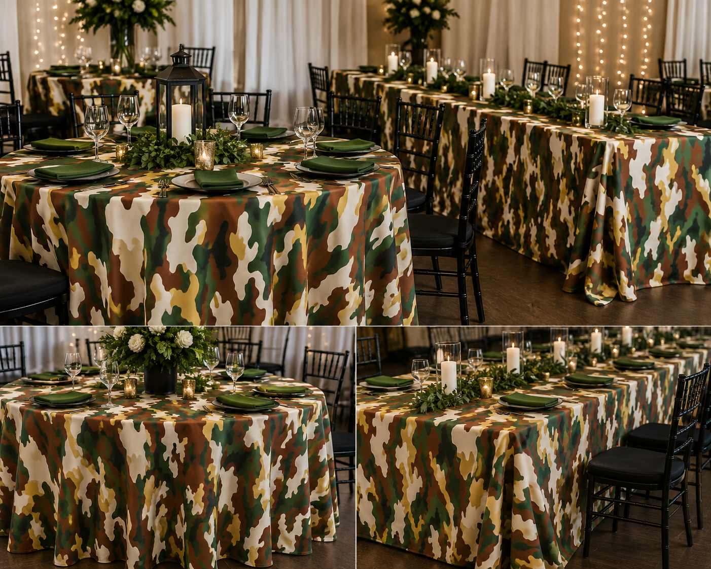 Three-panel photo collage showing a camouflage-print tablecloth set on round and rectangular event tables, styled with black chairs, green plates, candles, and floral centerpieces in an indoor venue with string lights.