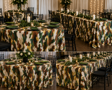 Three-panel photo collage showing a camouflage-print tablecloth set on round and rectangular event tables, styled with black chairs, green plates, candles, and floral centerpieces in an indoor venue with string lights.