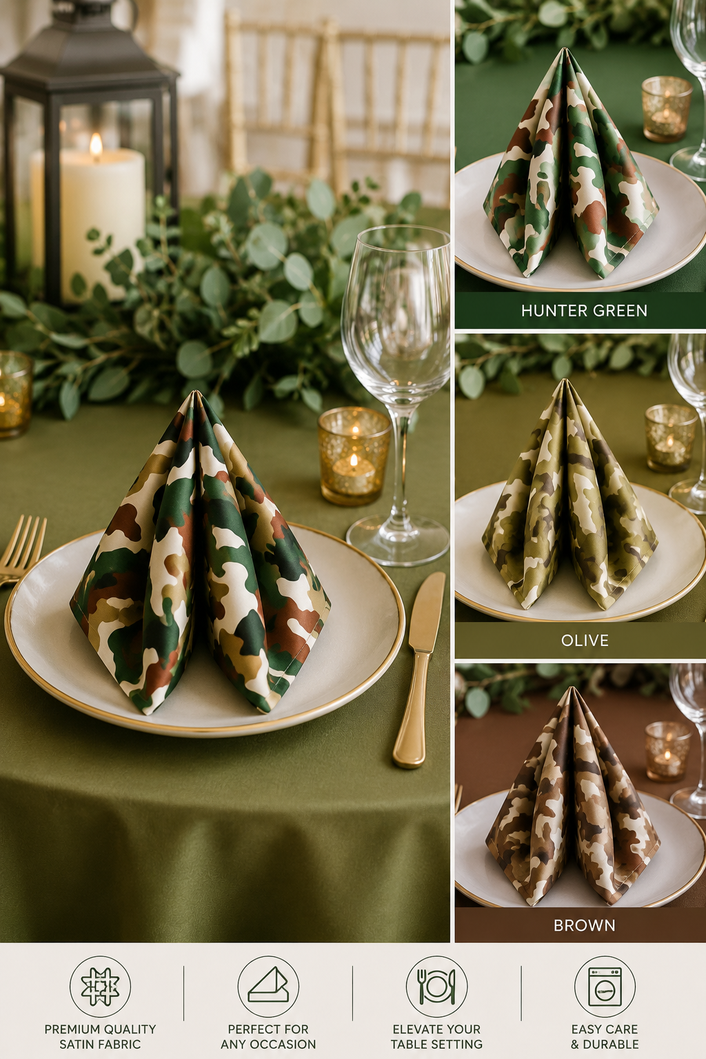 A collage showing three camouflage-patterned folded napkins in Hunter Green, Olive, and Brown, styled on white plates with gold trim on an olive green table setting. The image includes a banner at the bottom detailing the fabric's features.