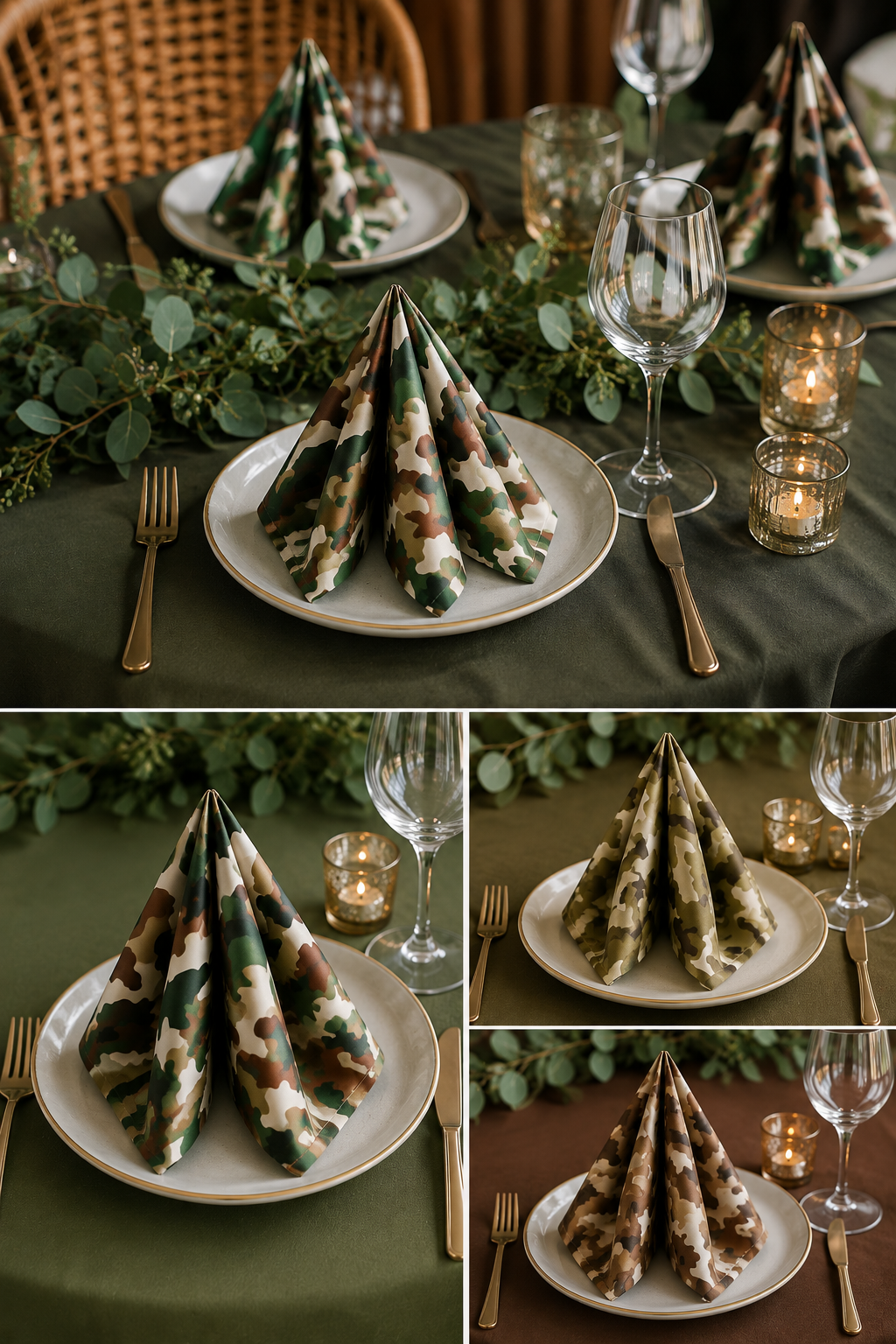 A collage showing a place setting with a folded camouflage-patterned napkin on a white plate, surrounded by a green tablecloth, eucalyptus garland, gold flatware, wine glasses, and lit candle holders.