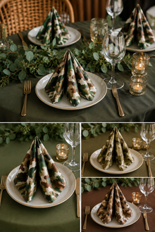 A collage showing a place setting with a folded camouflage-patterned napkin on a white plate, surrounded by a green tablecloth, eucalyptus garland, gold flatware, wine glasses, and lit candle holders.